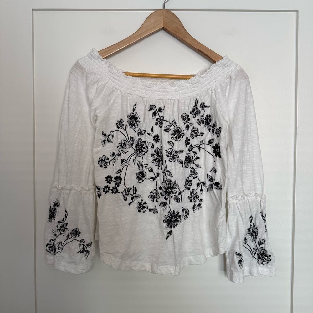 Anthropologie Annie Off Shoulder Top Sz XS White Floral Embroidered Cottagecore